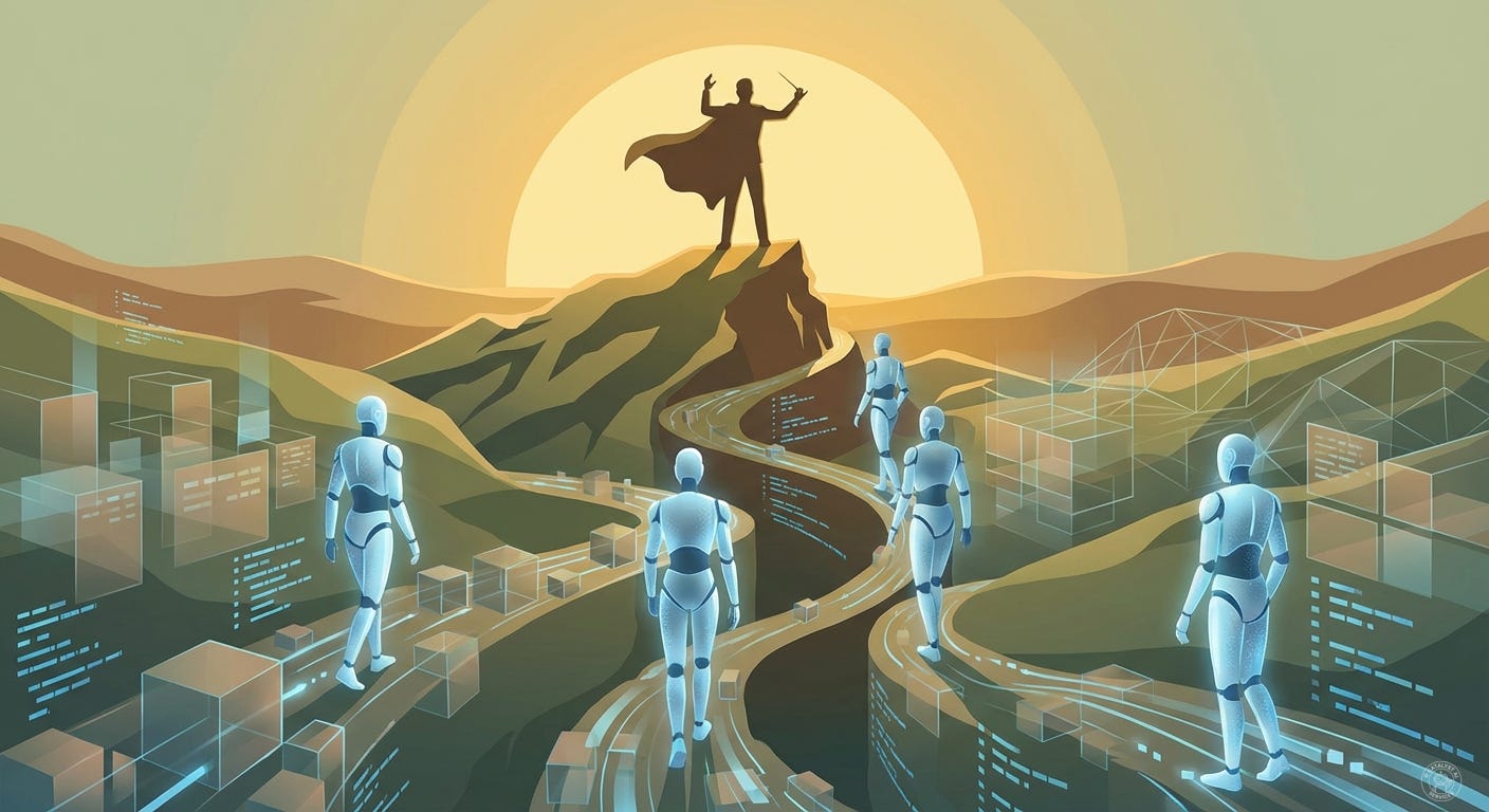 Single human figure on elevated ground orchestrating dozens of glowing AI agents fanning out across a vast solution landscape, each agent exploring different territory, the human’s role is judgment and direction not creation, dramatic scale showing one person coordinating many explorers Single human figure on elevated ground orchestrating dozens of glowing AI agents fanning out across a vast solution landscape, each agent exploring different territory, the human’s role is judgment and direction not creation, dramatic scale showing one person coordinating many explorers