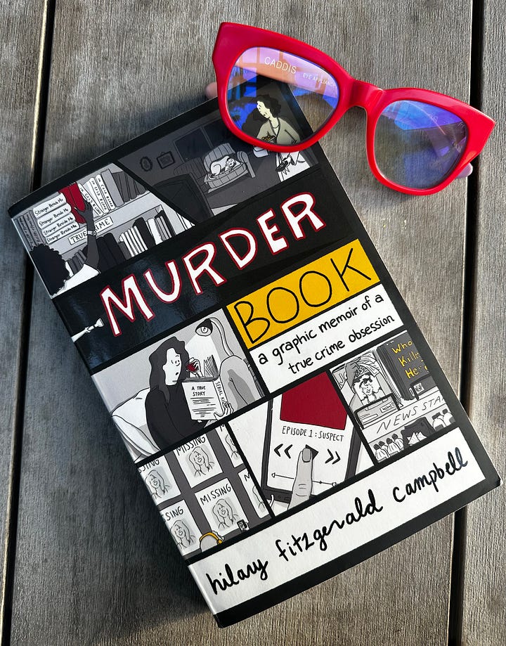 Cover of Murder book with red glasses and illustrated page from book
