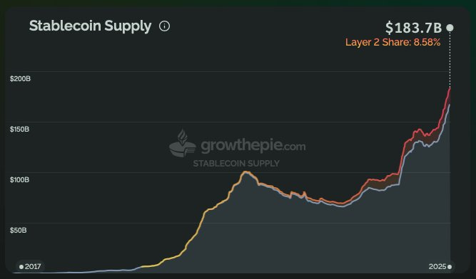 A line chart displaying the growth of stablecoin supply over time, with multiple colored lines representing different data sets. The y-axis shows values in billions of dollars, ranging from $0B to $200B. The x-axis indicates years, ending at 2025. A watermark reading "growthepie" is visible. A line chart displaying the growth of stablecoin supply over time, with multiple colored lines representing different data sets. The y-axis shows values in billions of dollars, ranging from $0B to $200B. The x-axis indicates years, ending at 2025. A watermark reading "growthepie" is visible.