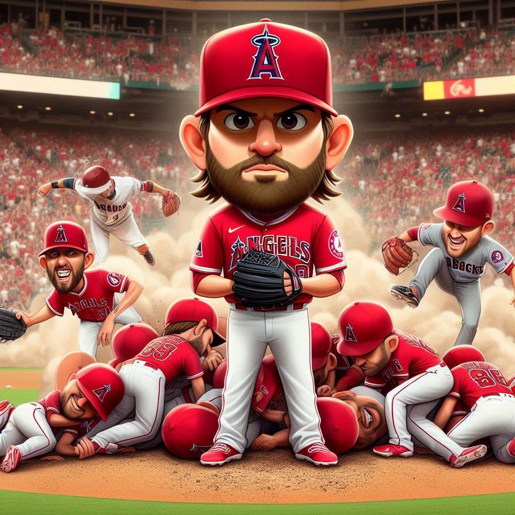 caricature of Los Angeles angels pitcher on the mound surrounded by collapsed teammates as he faces off with the Arizona diamondbacks
