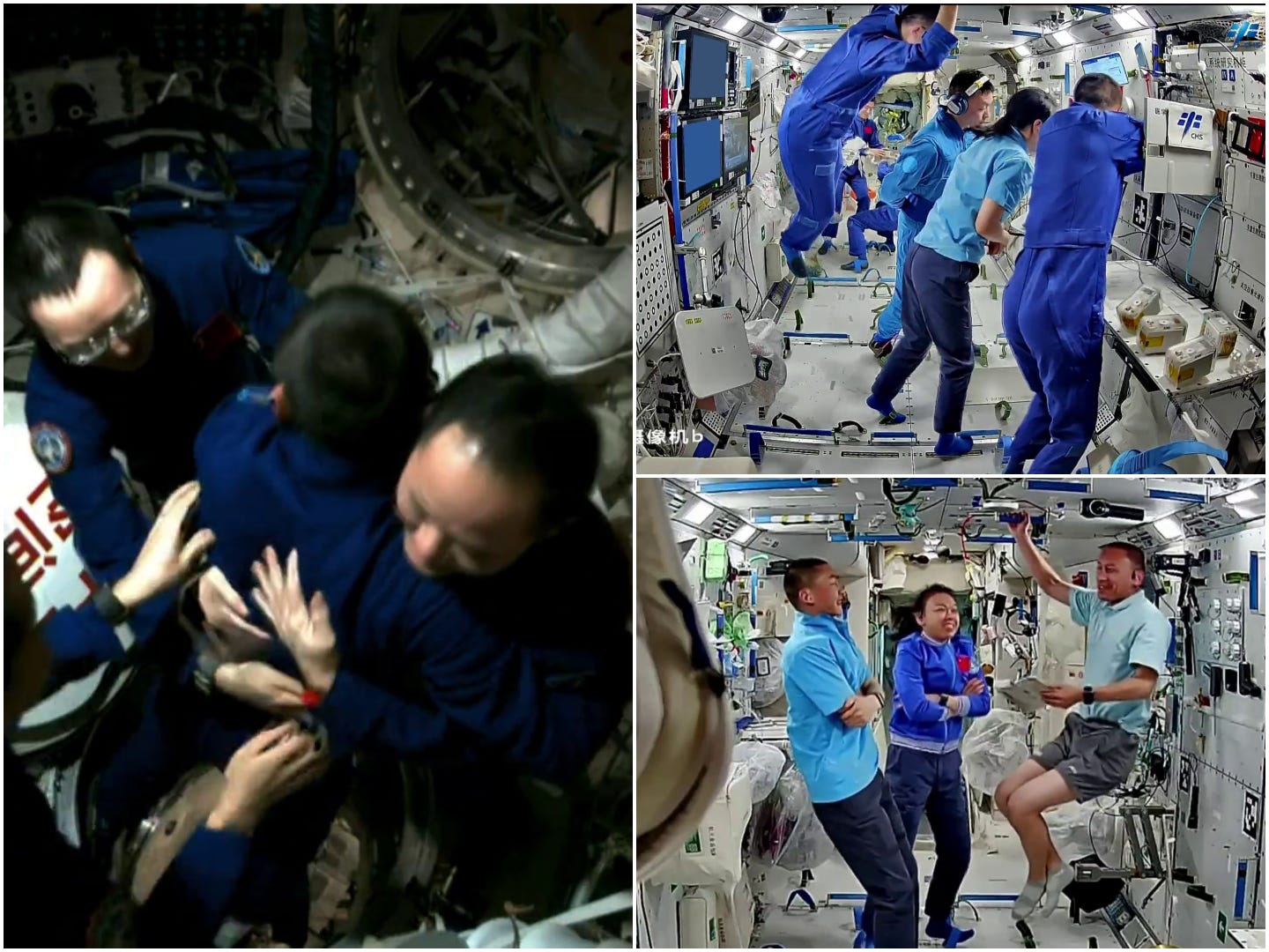 Shenzhou-21 Commander Zhang Lu hugs Shenzhou-23 Commander Zhu Yangzhu after opening hatches to the space station (left), both crews working together on an experiment stored behind a panel (top right), and the Shenzhou-23 crew partaking in some rest time (bottom right). Shenzhou-21 Commander Zhang Lu hugs Shenzhou-23 Commander Zhu Yangzhu after opening hatches to the space station (left), both crews working together on an experiment stored behind a panel (top right), and the Shenzhou-23 crew partaking in some rest time (bottom right).