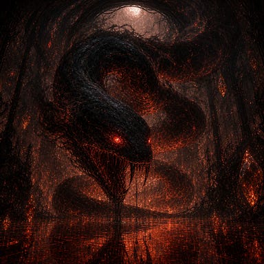 The Vampyr as the serpent: a colossal shadow‑serpent coiled within a void‑lit chamber. Its body formed of smoke, blood‑amber light, and shifting darkness. Eyes glowing crimson like embers behind glass. Fangs long and elegant, dripping with liquid shadow. The serpent’s form half‑solid, half‑vestige, edges dissolving into mist. It looms over a reflective blood‑glass floor, whispering to unseen mortals. Fully original design.