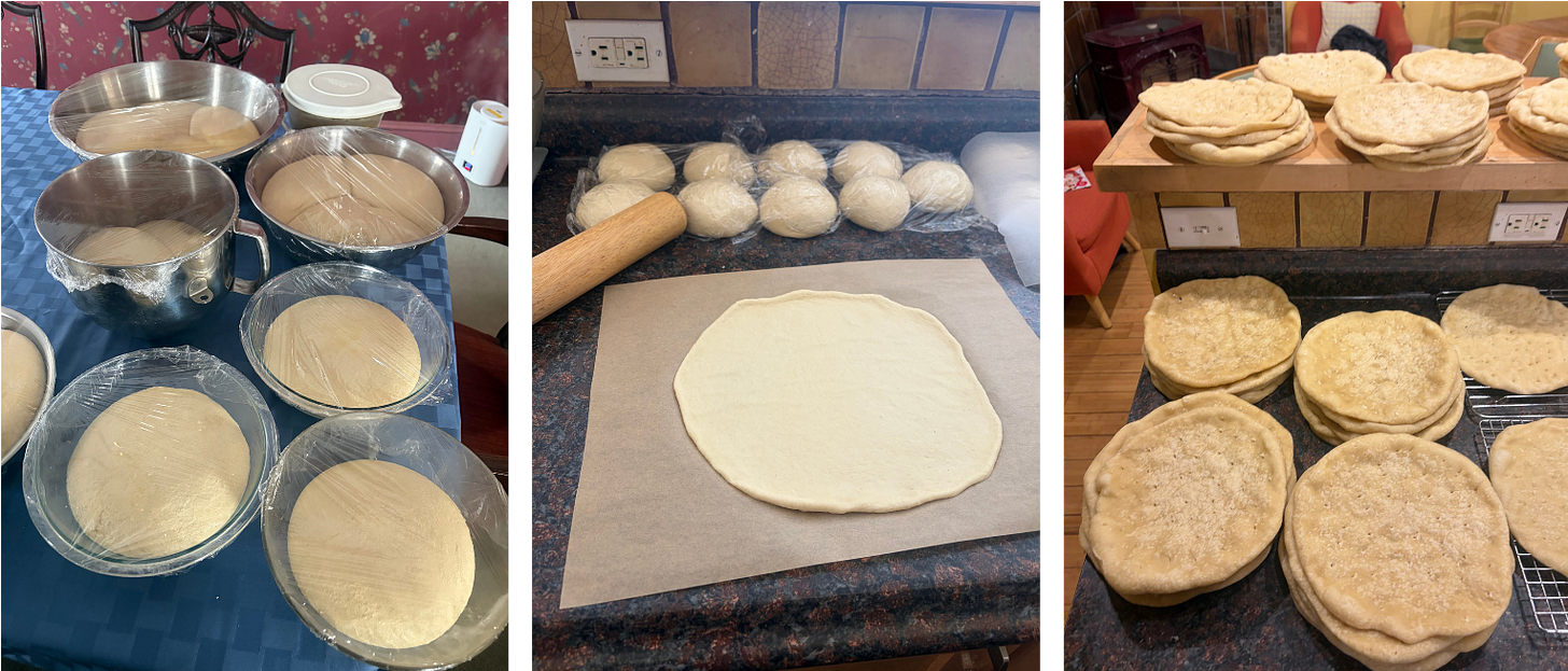 Three photographs of crust-making in progress: bowls of risen dough, rolled out disk of dough next to a rolling pin, and piles of par-cooked crusts. Three photographs of crust-making in progress: bowls of risen dough, rolled out disk of dough next to a rolling pin, and piles of par-cooked crusts.