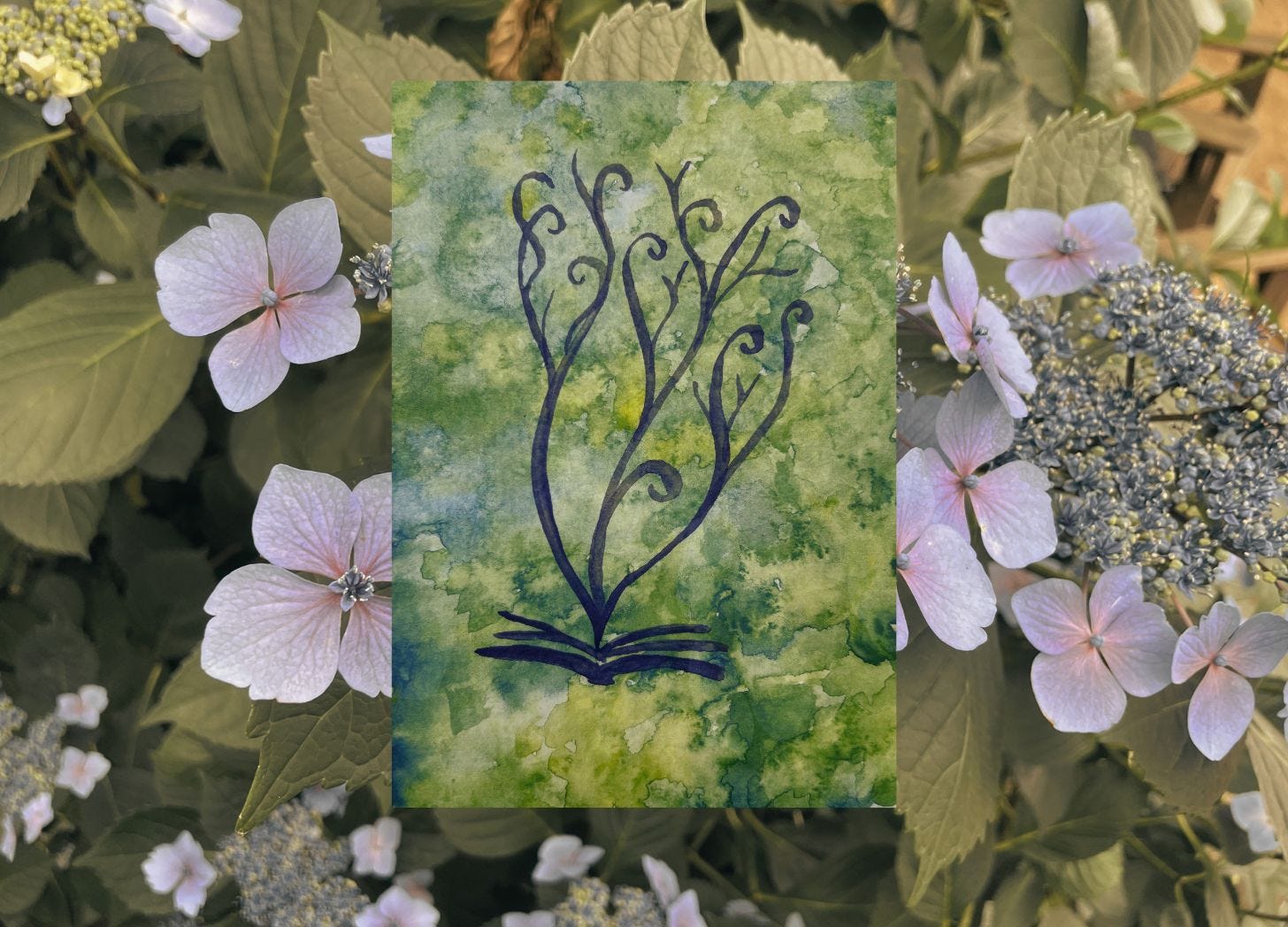 watercolor stylized tree with book pages on green background over a photo of flowers and leaves watercolor stylized tree with book pages on green background over a photo of flowers and leaves