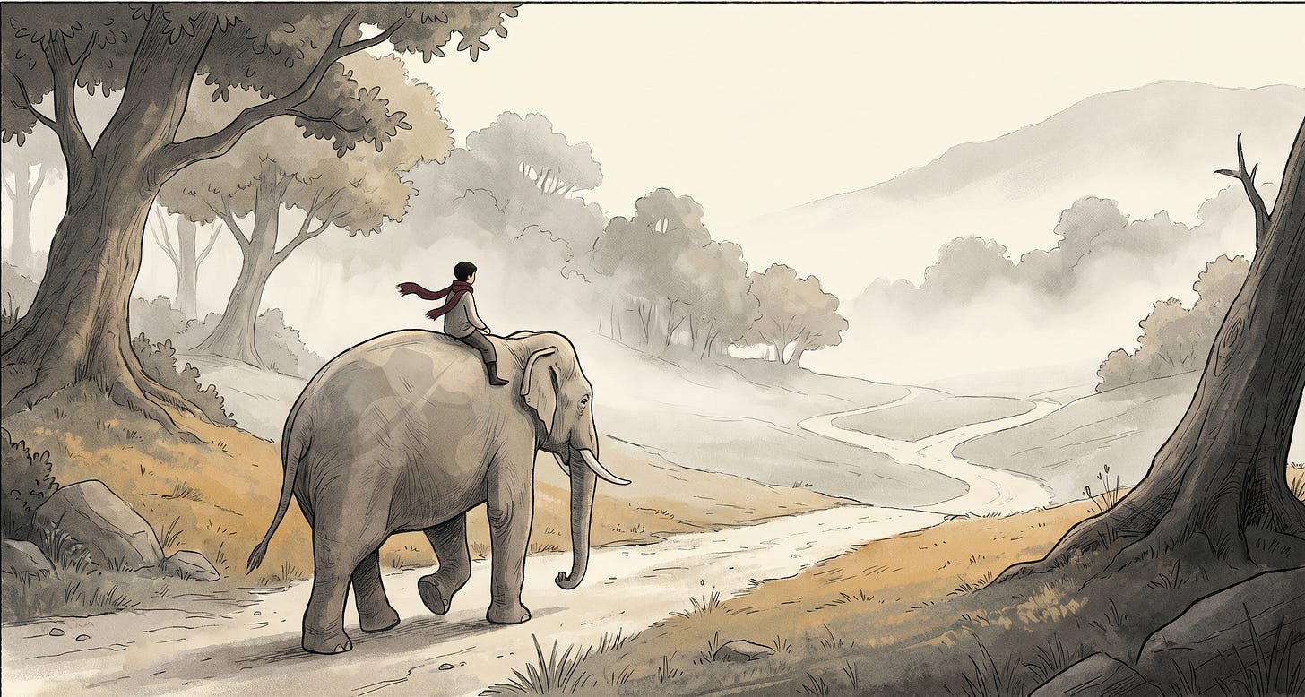 Editorial illustration of a small rider sitting atop a large elephant walking along a winding path through a misty, atmospheric landscape. The elephant is calm but powerful, dwarfing the rider — a visual metaphor for the tension between rational control and emotional force in change management, drawn from Chip and Dan Heath's Switch framework.