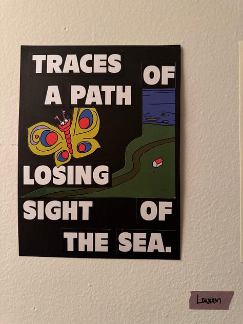 Photo 1: People gathering in a living room with vaulted ceilings. Photo 2: A painting and 3 drawings hung on a wall. Photo 3: A surrealist painting of amorphous creatures hanging from a tree. Photo 4: People gathered around the surrealist painting. Photo 5: A collage with cartoon images of a trail to the ocean and a butterfly, and bold text reading: traces of a path, losing sight of the sea. Photo 6: People and a red dog gathered around a man playing guitar. Photo 7: Ink and pastel drawings of two circles meeting. Photo 8: a pile of shoes at a door. Photo 9: Silhouettes of people through tall windows from outside at night.