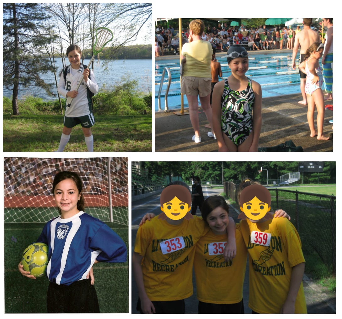 Four photographs of the author, as a child, in different sports attire.