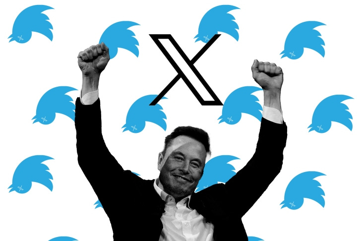 Elon Musk celebrating with the new X logo and a background of Twitter bird logo upside-down Elon Musk celebrating with the new X logo and a background of Twitter bird logo upside-down
