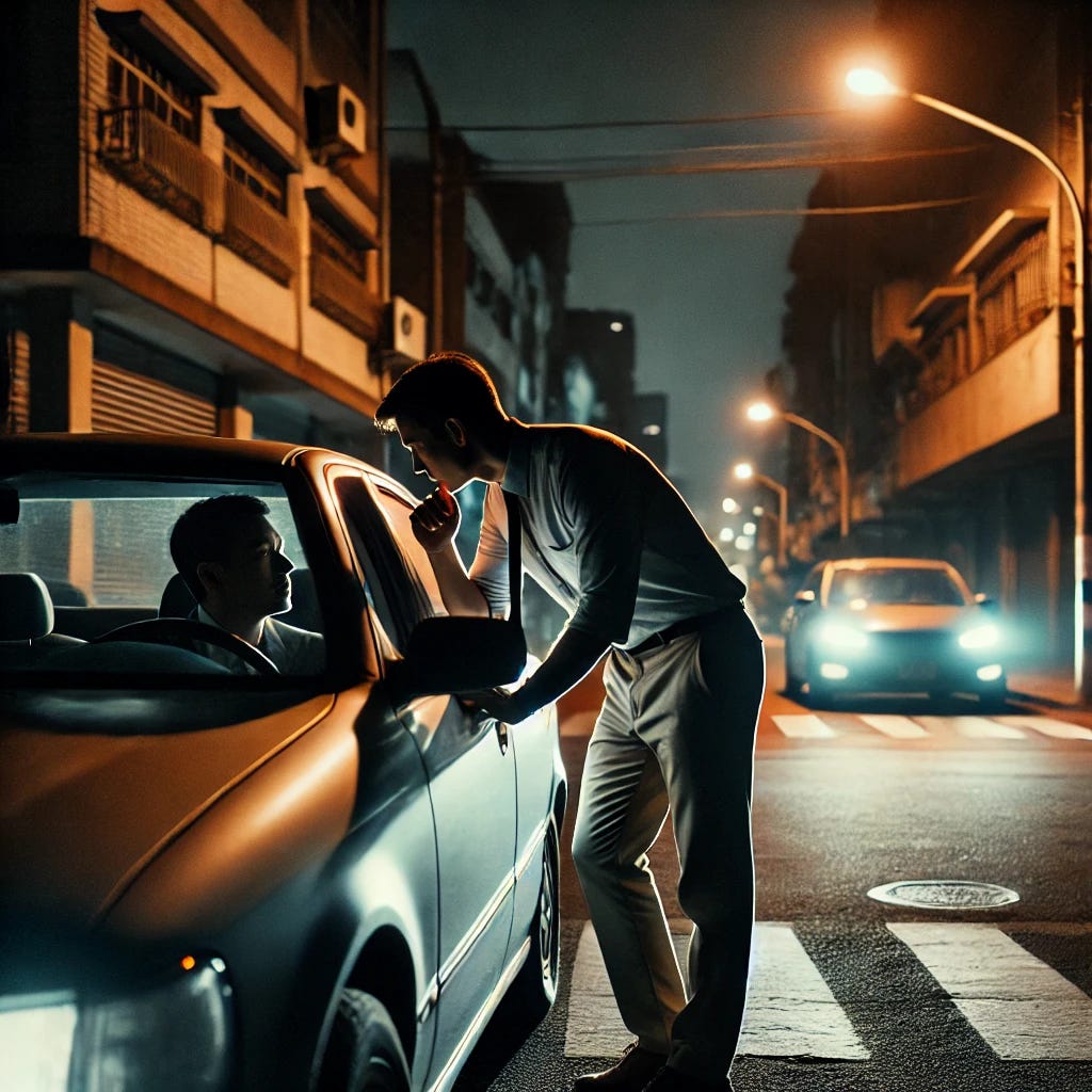 A man dressed in khakis and a button-down shirt leaning over to talk to someone in a car on a dimly lit street corner at night. The street is dark, with a few streetlights casting faint glows, and the car’s headlights are on, illuminating part of the scene. The background features urban buildings with shadows adding a sense of mystery to the setting.