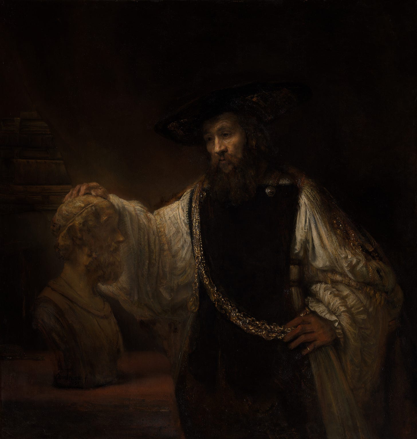 Rembrandt's painting Aristotle Contemplating a Bust of Homer, showing Aristotle in dark robes resting his hand thoughtfully on a white marble bust while wearing a gold chain. Rembrandt's painting Aristotle Contemplating a Bust of Homer, showing Aristotle in dark robes resting his hand thoughtfully on a white marble bust while wearing a gold chain.