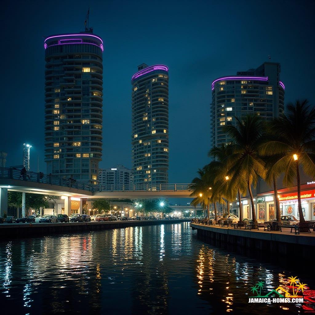Glowing Kingston waterfront at night, futuristic condos with neon edges, illuminated skybridges, cars parked below, reflections on Caribbean Sea, Jamaican flags, murals, and reggae posters, cinematic lighting, shot on 35mm film with v-raptor XL, film grain, vignette, color graded, post-processed, inspired by the dramatic styles of Denis Villeneuve, Roger Deakins, and Emmanuel Lubezki.