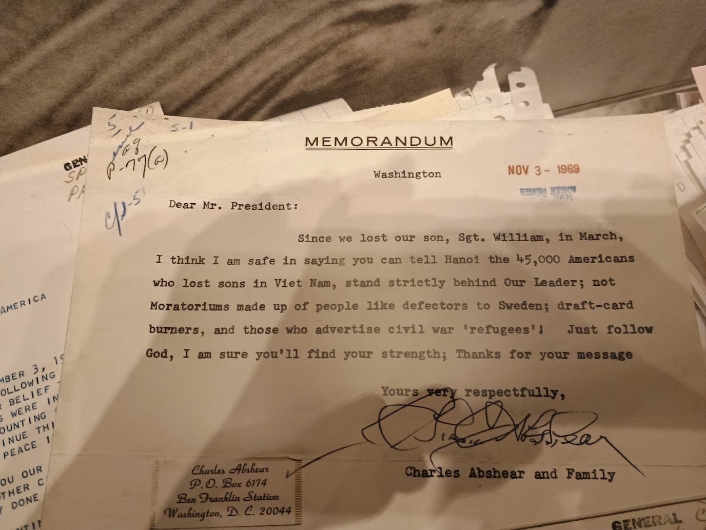 Letter from Charles Abshear and Family in Washington DC, whose son was killed in Vietnam, supporting Nixon and attacking war protestors