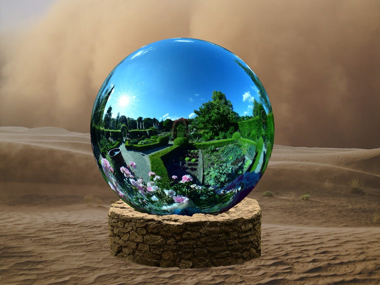 A reflective glass ball rests in a rock stand in the desert. But the reflection on the sphere shows a beautiful garden with blossoms and hedges and paths.