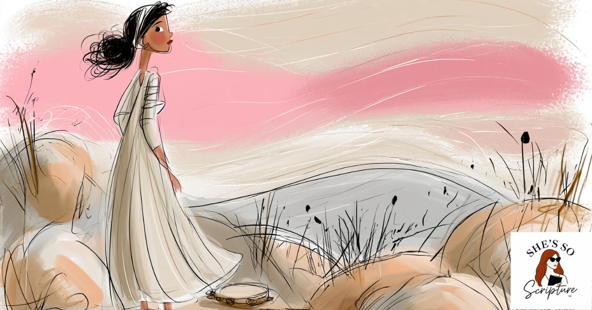 Watercolor illustration of a young woman standing alone on a mountain path at dusk, a tambourine resting beside her, in soft blush pink and cream tones. Watercolor illustration of a young woman standing alone on a mountain path at dusk, a tambourine resting beside her, in soft blush pink and cream tones.