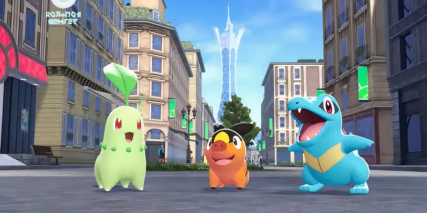 Three pokemon smile in front of a city  Three pokemon smile in front of a city