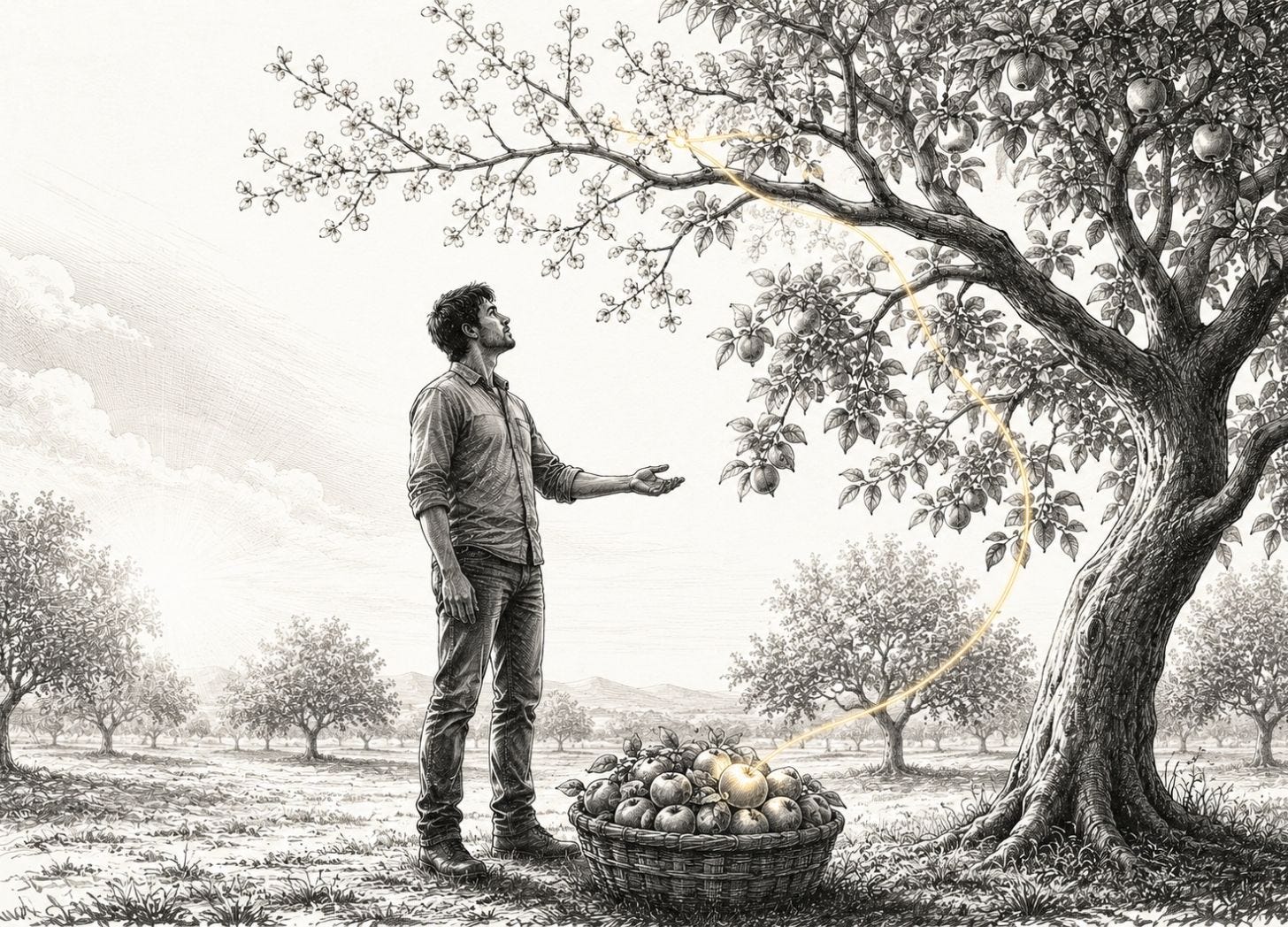 A man pauses beside an overflowing fruit basket as a golden filament runs from unopened tree buds into the harvest.