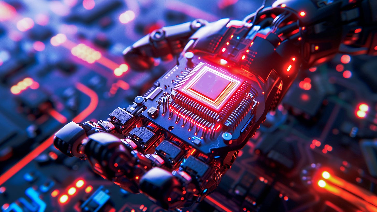 Close-up of a glowing AI circuit board and robotic component with red and blue lights