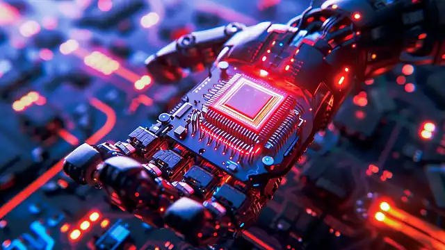 Close-up of a glowing AI circuit board and robotic component with red and blue lights