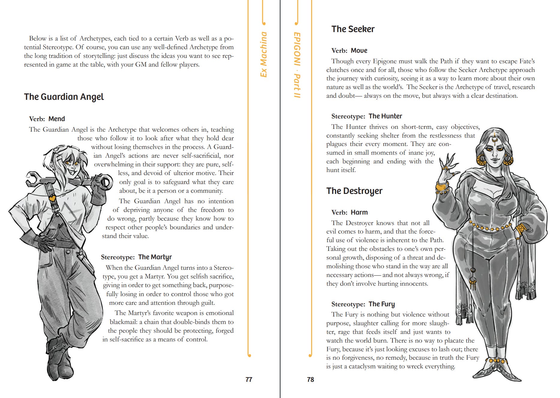 A page spread from Epigoni Essential with two black, white and gold illustration.
