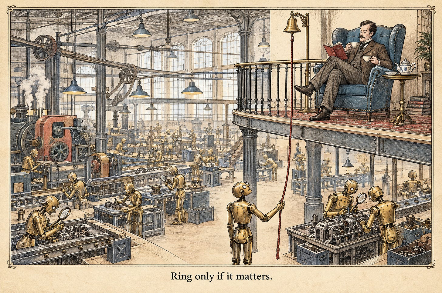 A gentleman reads with his tea on a mezzanine above a factory of brass robots; one robot below holds the bell cord, deciding whether to ring. Caption: Ring only if it matters.