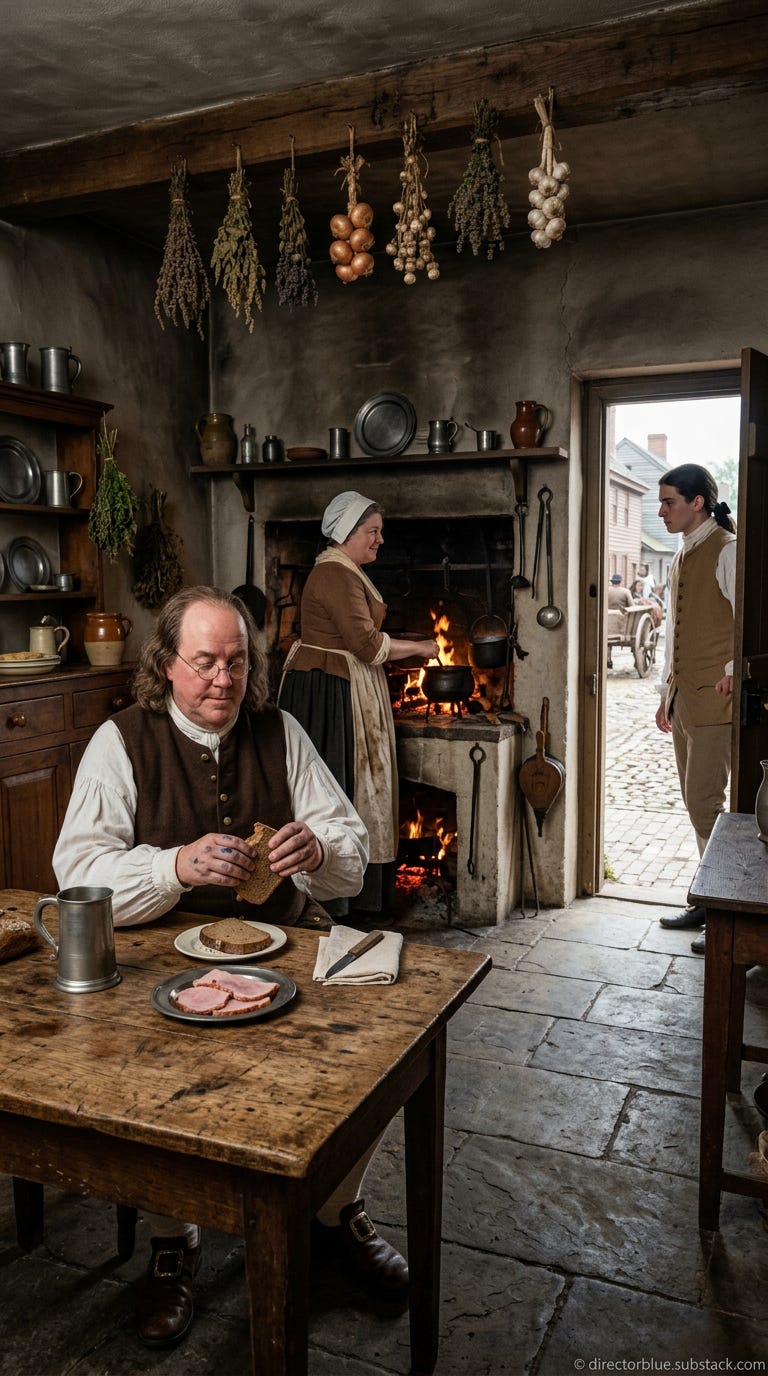 IMAGE PROMPT FOR UNIVERSITY HISTORY CLASS REENACTMENT H201 9x16 vertical format Photorealistic high-resolution image with natural morning light from an open door A colonial American kitchen June 1752 BENJAMIN FRANKLIN sits at a heavy scarred_image_1