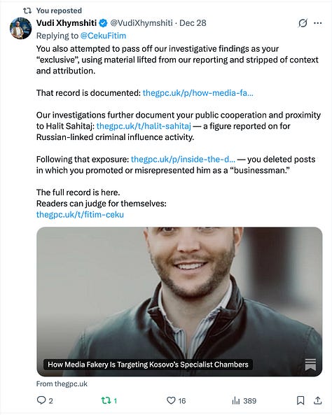 Tri pamje që dokumentojnë përshkallëzimin dhe tërheqjen e akuzës. Pamja e parë tregon postimin fillestar të Fitim Çekut në platformën X, ku ai ngriti publikisht akuzën për “përndjekje”. Pamja e dytë tregon përgjigjen time publike dhe njoftimin se postimi origjinal ishte fshirë nga vetë autori. Pamja e tretë paraqet reagimin tim pasues, ku dokumentohet përdorimi i paatribuar i materialeve tona hulumtuese dhe lidhjet e Çekut me rrjete kriminale. Galeria pasqyron kalimin nga akuzë publike në fshirje pa shpjegim.