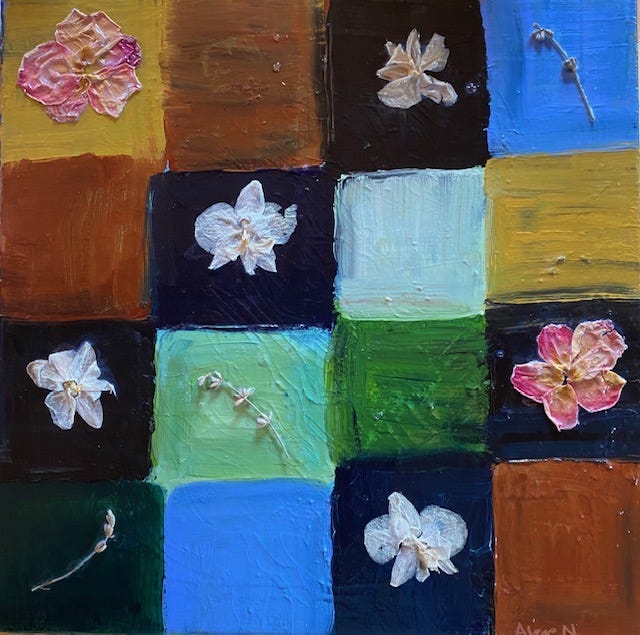 Dale’s rock, colors and words, mixed media piece with dried flowers, Iris in the sea mist