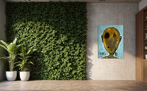 SLART's Painting Memento Vivere (2022), displayed om walls of different rooms.