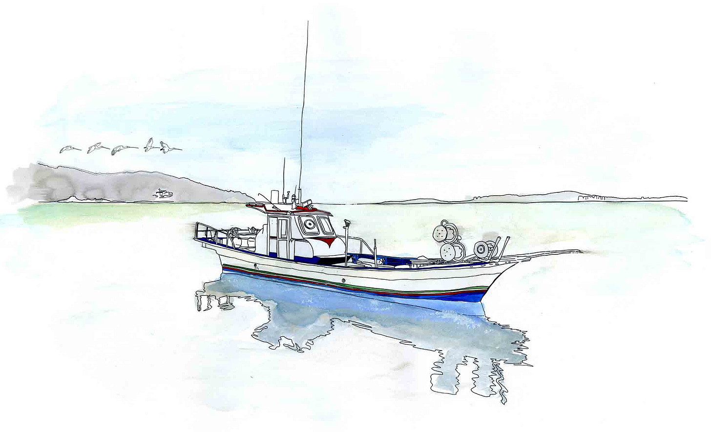 Watercolor sketch of a Korean fishing boat floating in calm tidal flats off western Ganghwa Island, with low coastal hills in the background and fishing equipment visible on the boat’s deck. Watercolor sketch of a Korean fishing boat floating in calm tidal flats off western Ganghwa Island, with low coastal hills in the background and fishing equipment visible on the boat’s deck.
