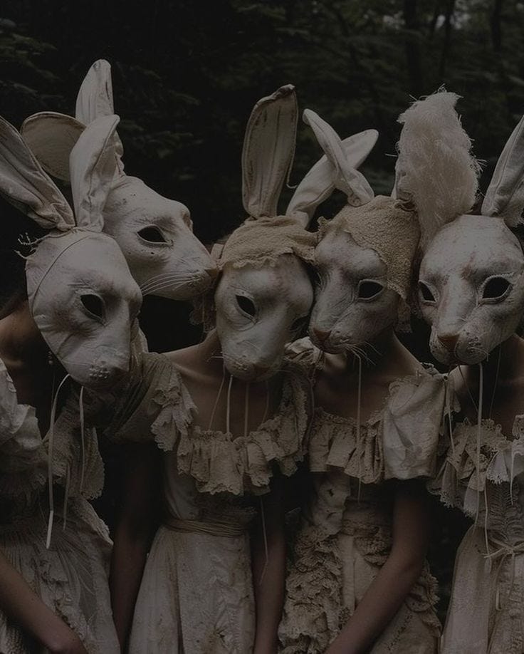 This may contain: four people wearing bunny ears and dresses with rabbits on their heads in front of them