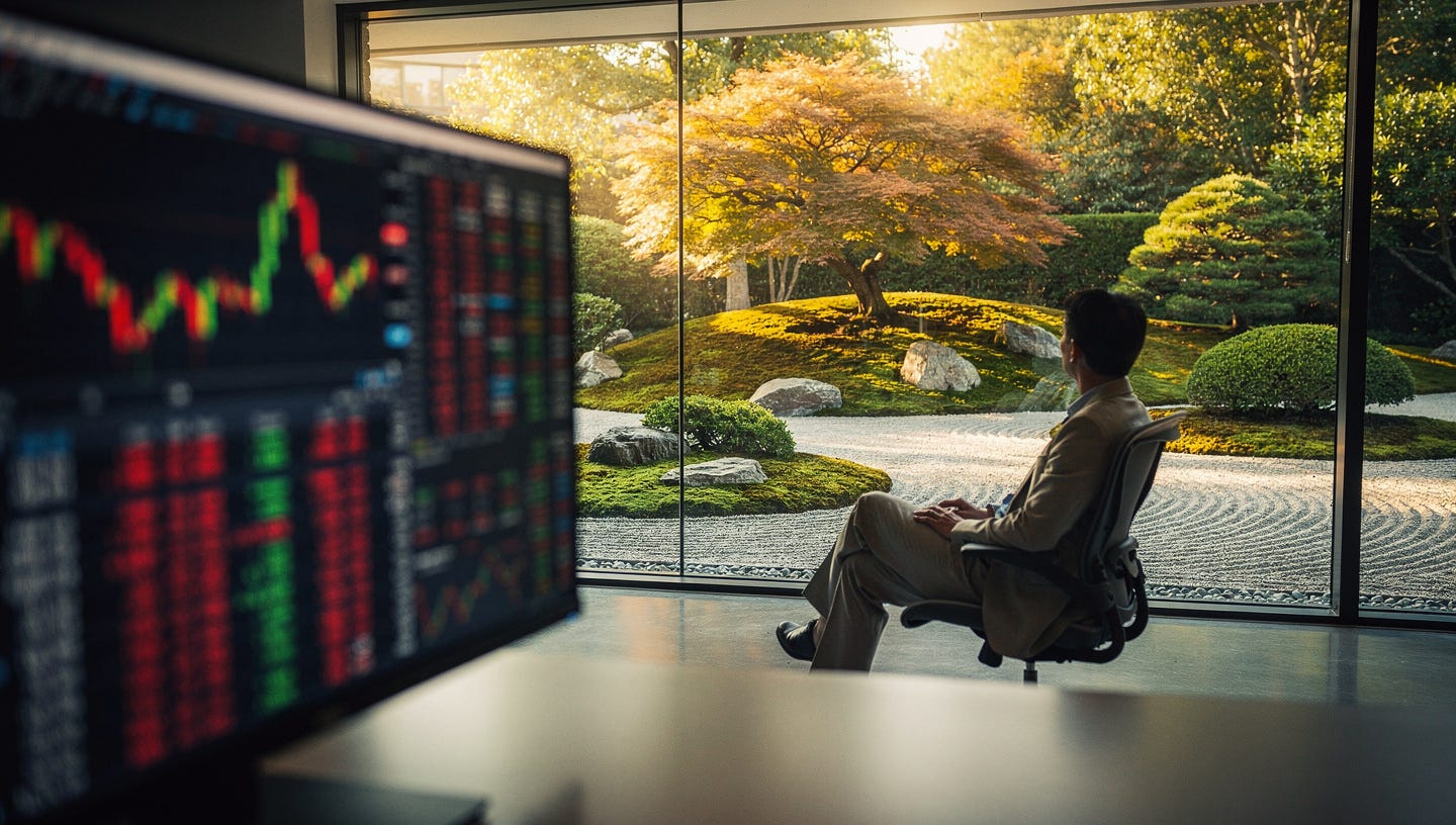 Cinematic wide shot of a serene professional investor sitting in a minimalist modern office, facing a large floor-to-ceiling window overlooking a lush, sunlit, peaceful Zen garden. The person is calm, looking away from technology. In the immediate foreground, a computer monitor is visible but heavily blurred with a deep bokeh effect, showing frantic red and green stock market candlestick charts and volatile data. High contrast between the bright, sharp natural light of the garden and the dim, blurry digital screen. 8k resolution, photorealistic, editorial photography style, peaceful atmosphere. Cinematic wide shot of a serene professional investor sitting in a minimalist modern office, facing a large floor-to-ceiling window overlooking a lush, sunlit, peaceful Zen garden. The person is calm, looking away from technology. In the immediate foreground, a computer monitor is visible but heavily blurred with a deep bokeh effect, showing frantic red and green stock market candlestick charts and volatile data. High contrast between the bright, sharp natural light of the garden and the dim, blurry digital screen. 8k resolution, photorealistic, editorial photography style, peaceful atmosphere.