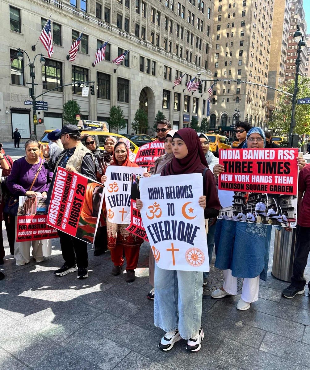 Indian American Muslim Council on X: "New Yorkers protest outside RSS chief  Mohan Bhagwat's hate rally at Madison Square Garden. #NoHateAtMSG  #RSSOutOfNYC" / X