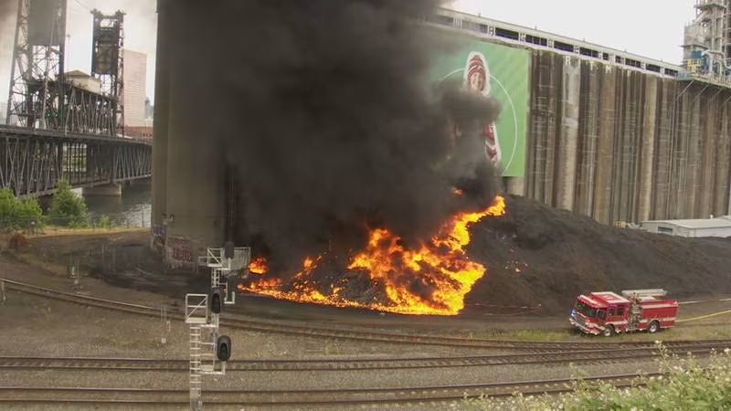 Tires on fire next to the Steel Bridge in Portland Tires on fire next to the Steel Bridge in Portland