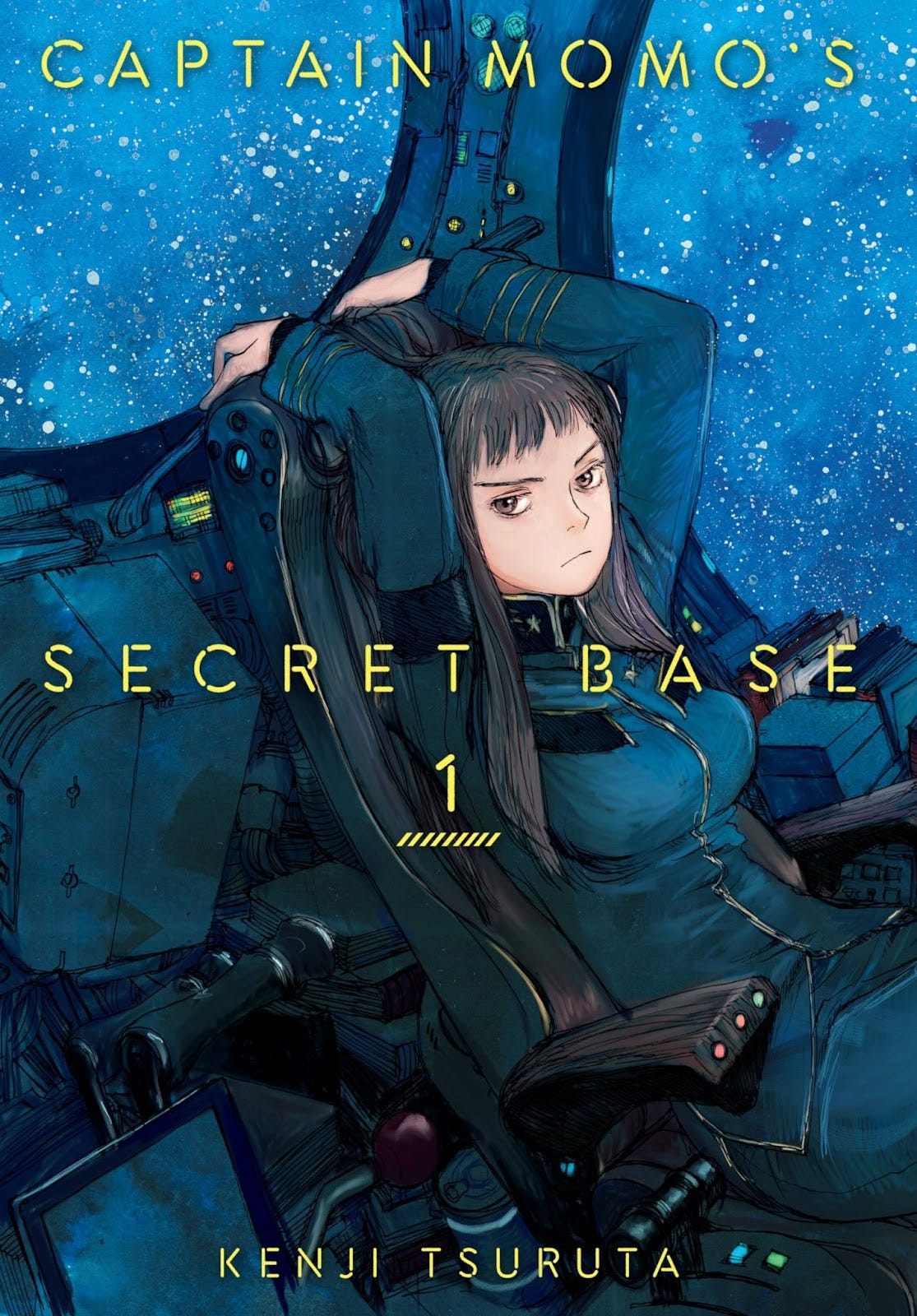 Cover of Captain Momo’s Secret Base volume 1 by Kenji Tsuruta. The illustration shows Momo in her spaceship cockpit, wearing a blue uniform and reclining casually against her chair. Behind her, the starry expanse of space fills the window.