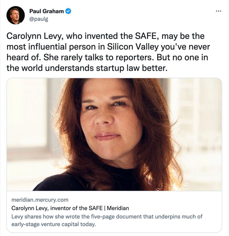Screenshot of Paul Graham’s tweet praising Carolynn Levy, inventor of the SAFE, as one of Silicon Valley’s most influential legal innovators.