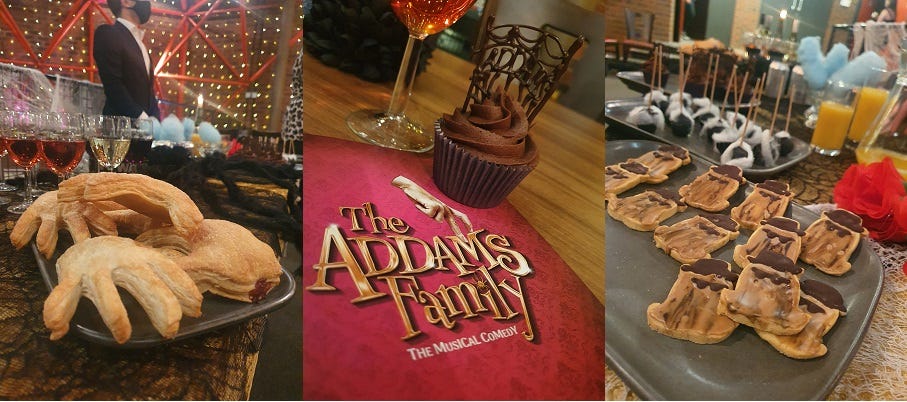 There are three images put together. The first shows pastries in the shape of Thing’s hand. The second shows the Addams Family programme with a chocolate cupcake on top of it. It has chocolate sticking out the top that spells out ‘ADDAMS’. The final image shows a plate of biscuits iced to show Cousin It.