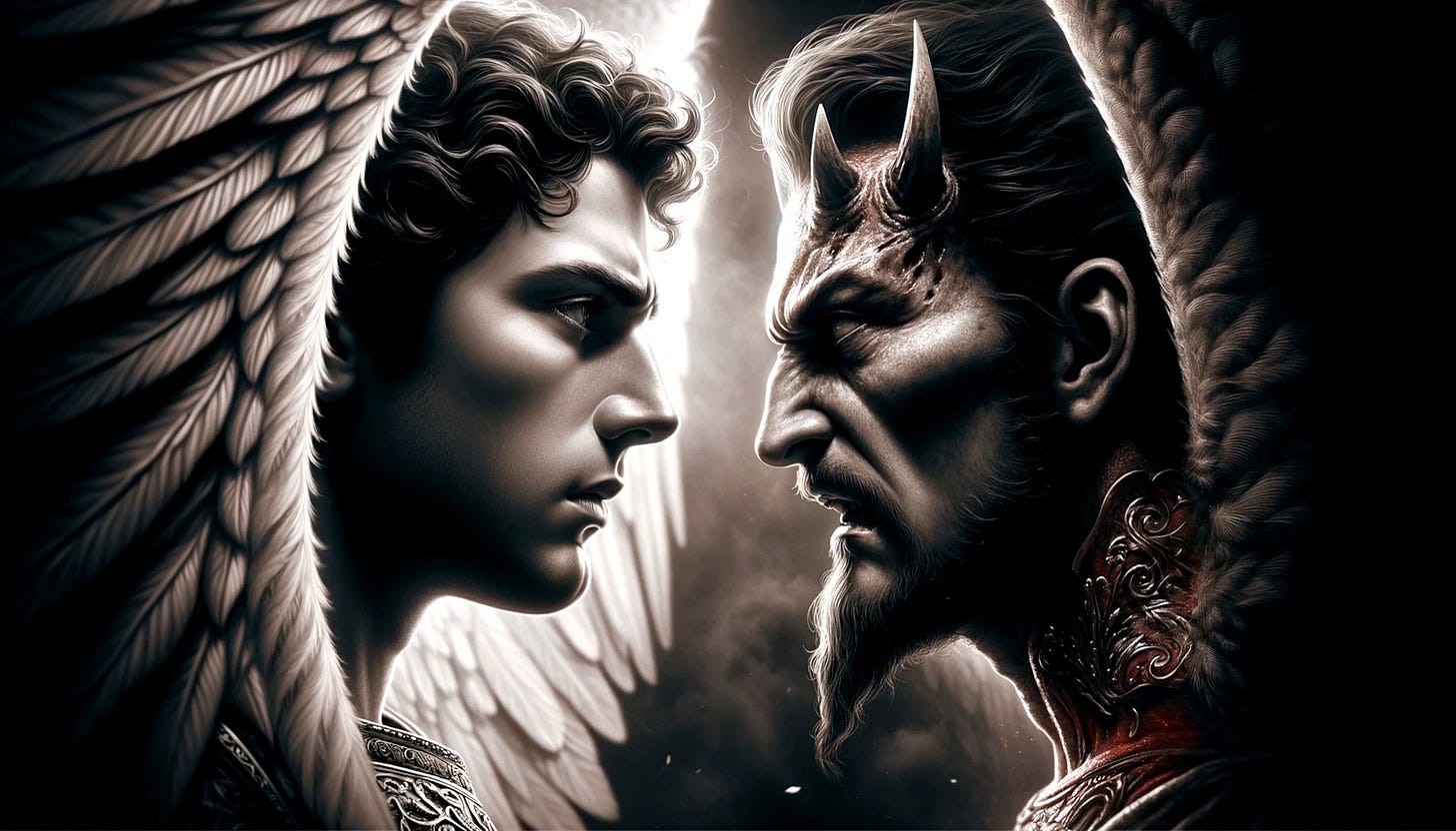 Good angel and bad angel facing off