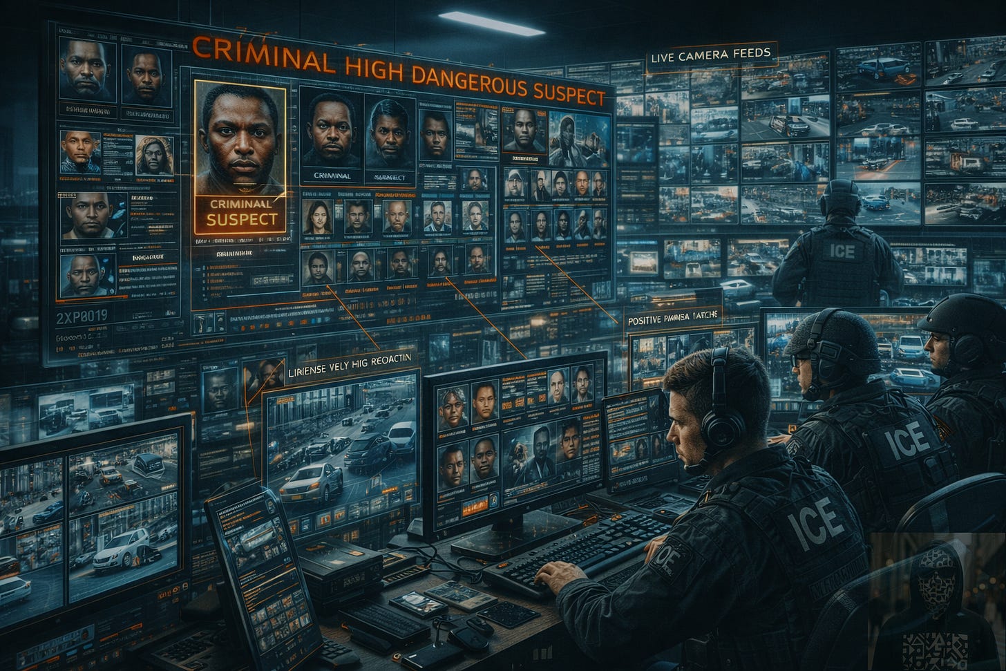 cinematic image of a modern surveillance command center where federal agents monitor AI-powered facial recognition results, live city camera feeds, and automated license-plate reader data on large wall displays. Multiple screens show flagged profiles, traffic movements, and real-time urban monitoring, illustrating how advanced surveillance systems are used to track individuals across public spaces.