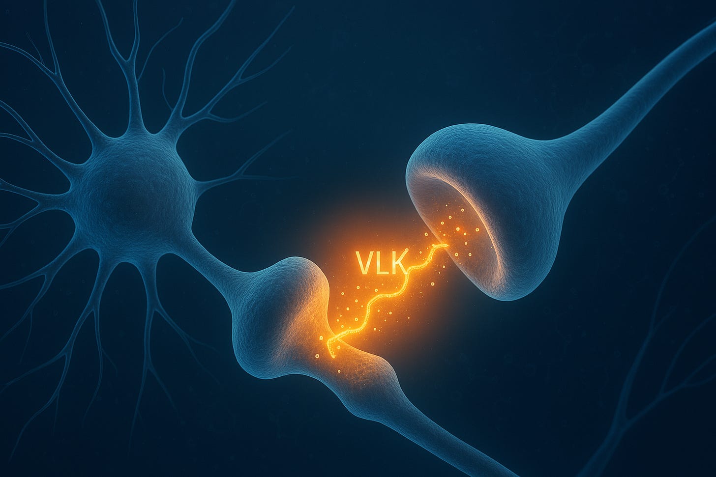 High-resolution scientific illustration of two neurons communicating across a synapse. The extracellular space is highlighted with a glowing representation of the VLK enzyme being released from one neuron toward another. Include detailed neural structures, soft blue and amber lighting, and subtle molecular patterns to convey biochemical signaling. Style should be realistic, clean, and modern—appropriate for a neuroscience article. Resolution 1920×1080.