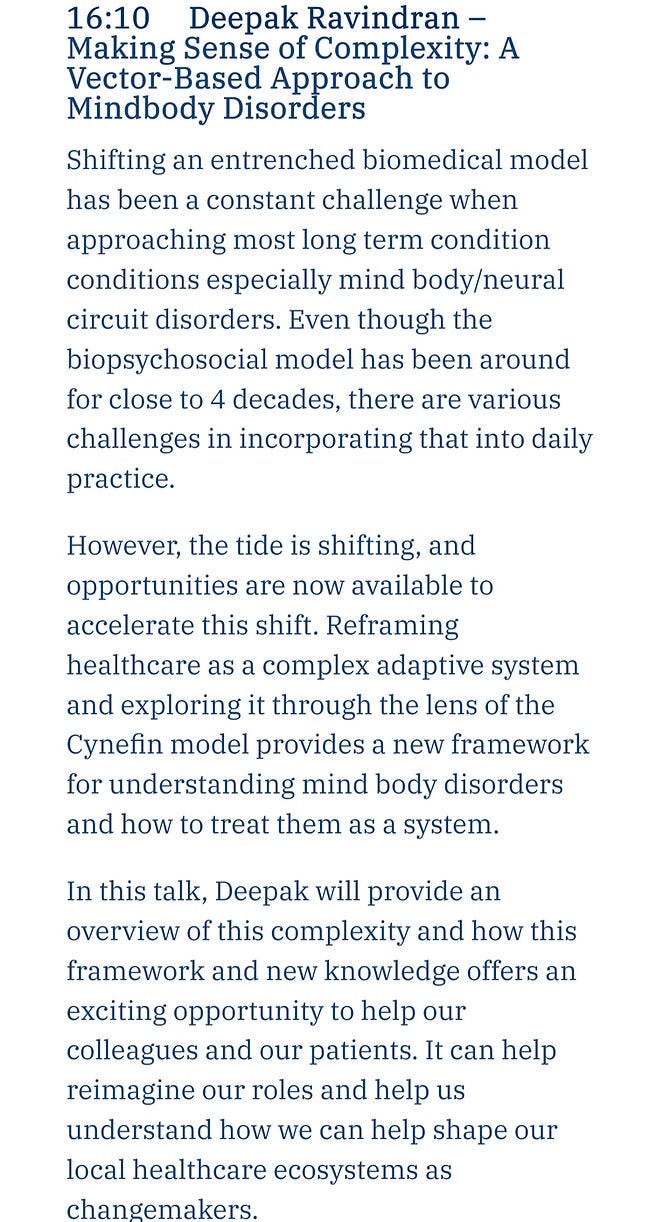 Text details a talk on "Making Sense of Complexity" by Deepak Ravindran, focusing on a vector-based approach to mindbody disorders.