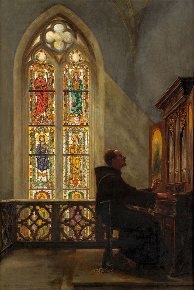 This may contain: a painting of a man sitting at a piano in front of a stained glass window