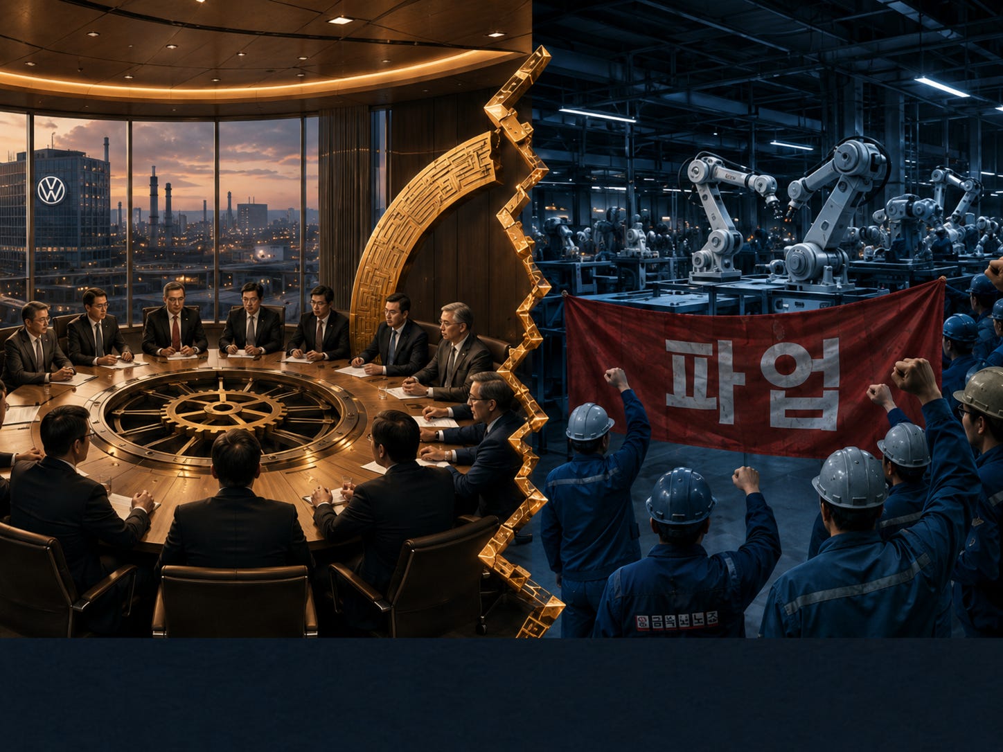 Illustration divisée en deux scènes par un anneau d'or brisé. À gauche, des représentants siègent autour d'une table circulaire dans une salle de conseil donnant sur un complexe industriel. À droite, des ouvriers coréens en tenue bleue manifestent devant des bras robotisés dans une usine sombre, derrière une banderole rouge en caractères coréens.