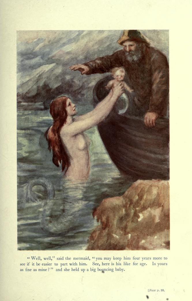 Illustration of a mermaid holding her child out to the smith sitting in a fishing boat.