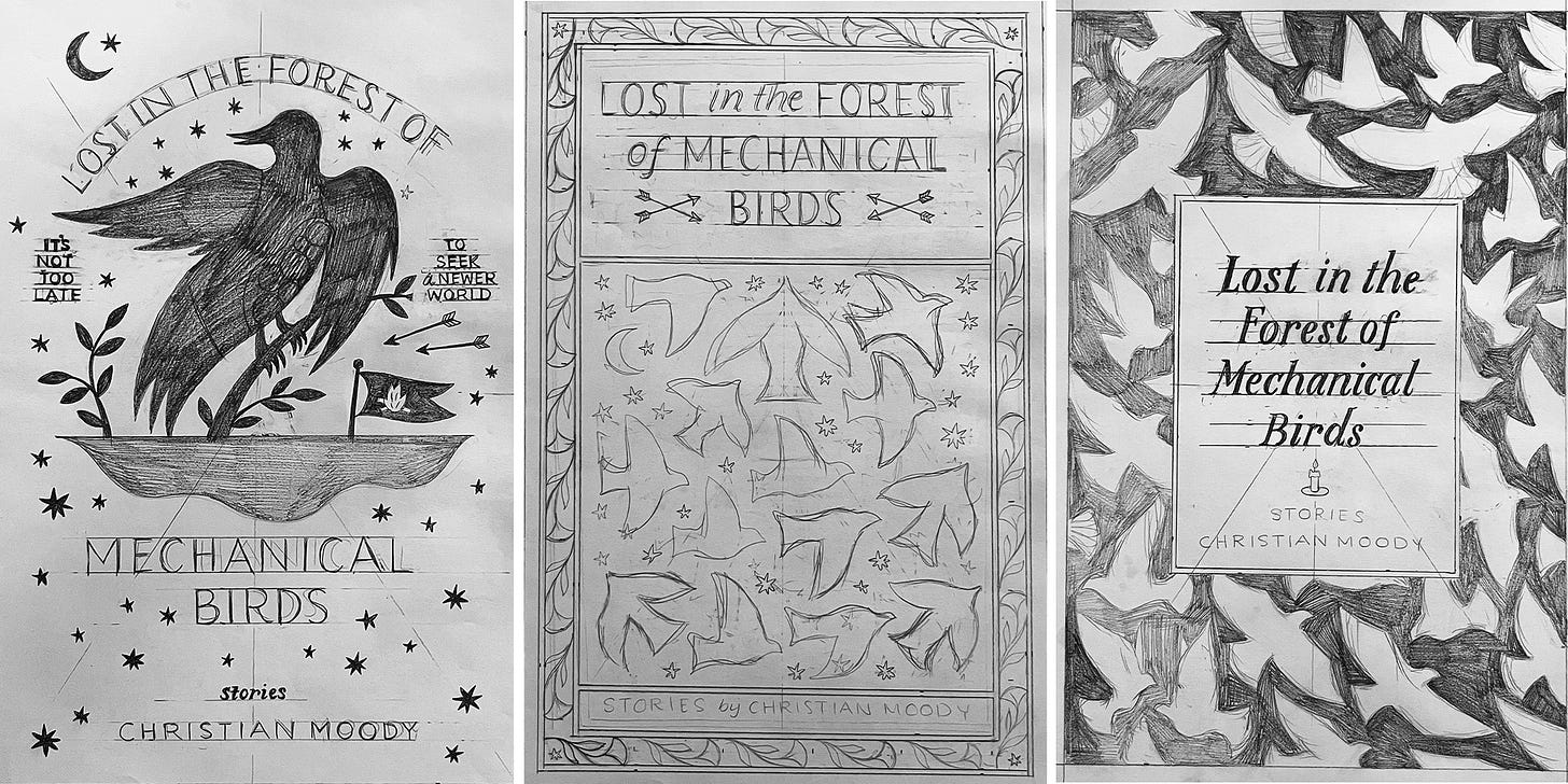 Margaret Kimball's illustrations for Christian Moody's book cover for Lost in the Forest of Mechanical Birds