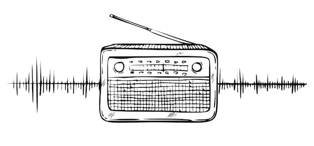 Radio vector illustration hand drawn linear drawing of fm tuner with sound  wave painted by black