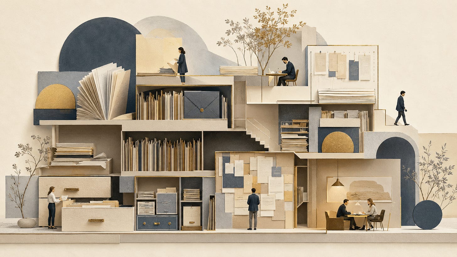 Illustrated shelves of labelled files, books, and workspaces representing an organized knowledge base