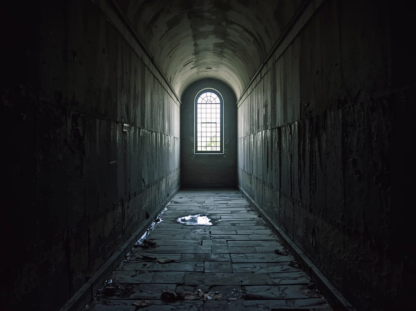A dark, damp stone corridor with peeling walls and a wet floor. A single arched, barred window at the far end provides the only source of light, reflecting in a puddle on the ground.