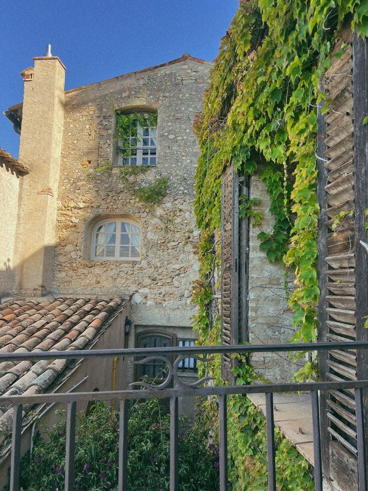 Ivy and bougainvillea over the stone facade of Chateau Le Cagnard