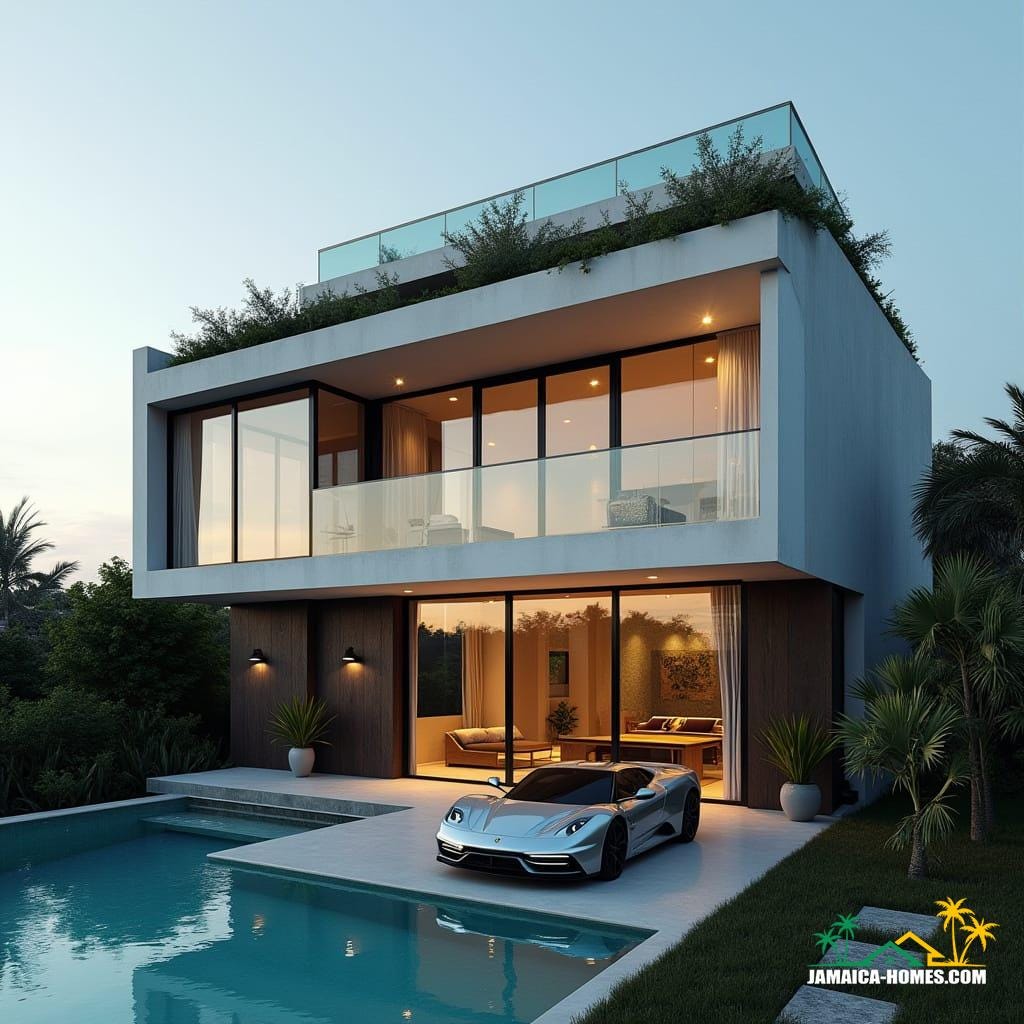 A breathtaking modern Jamaican townhouse in Kingston, entirely clad in reflective glass walls, clean geometric lines, protruding square windows, and a flat roof. Rooftop infinity pool and spa, minimalist landscaping
