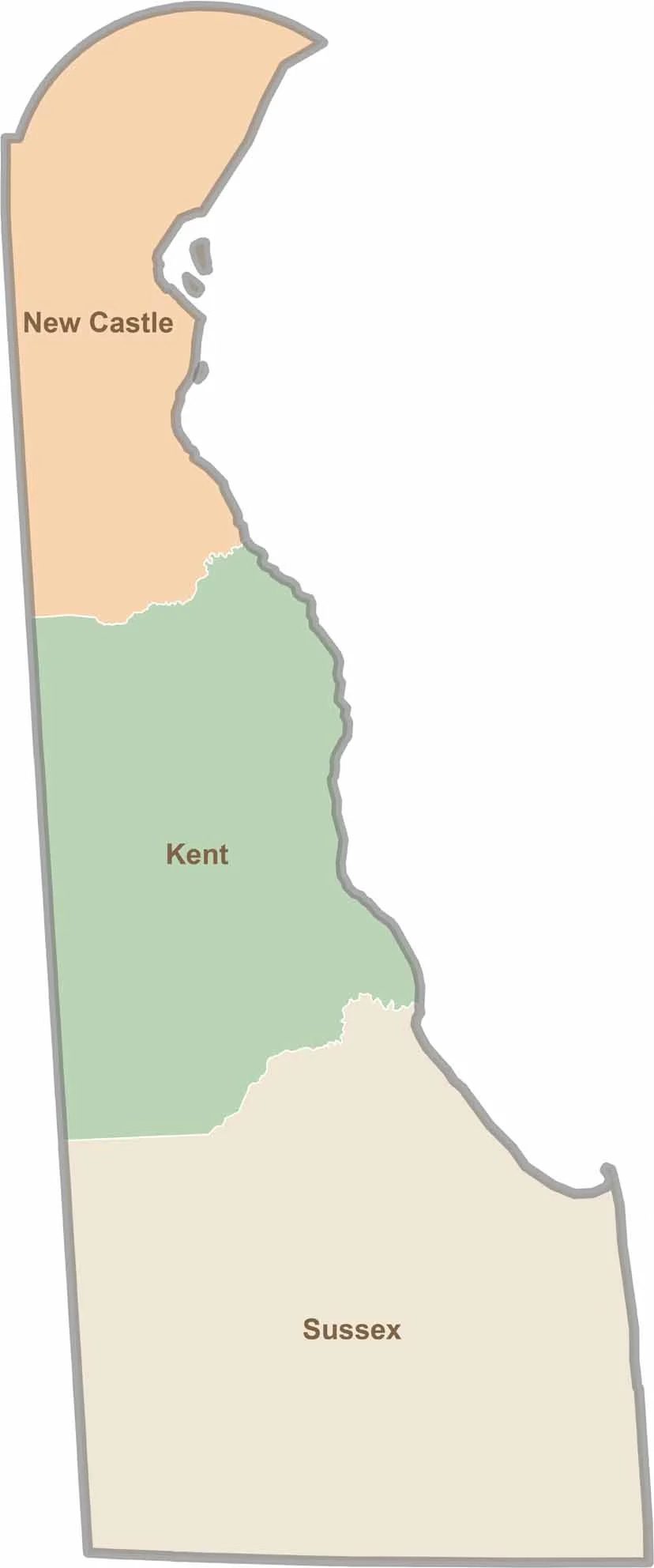 Map of three counties of Delaware: New Castle, Kent, Sussex